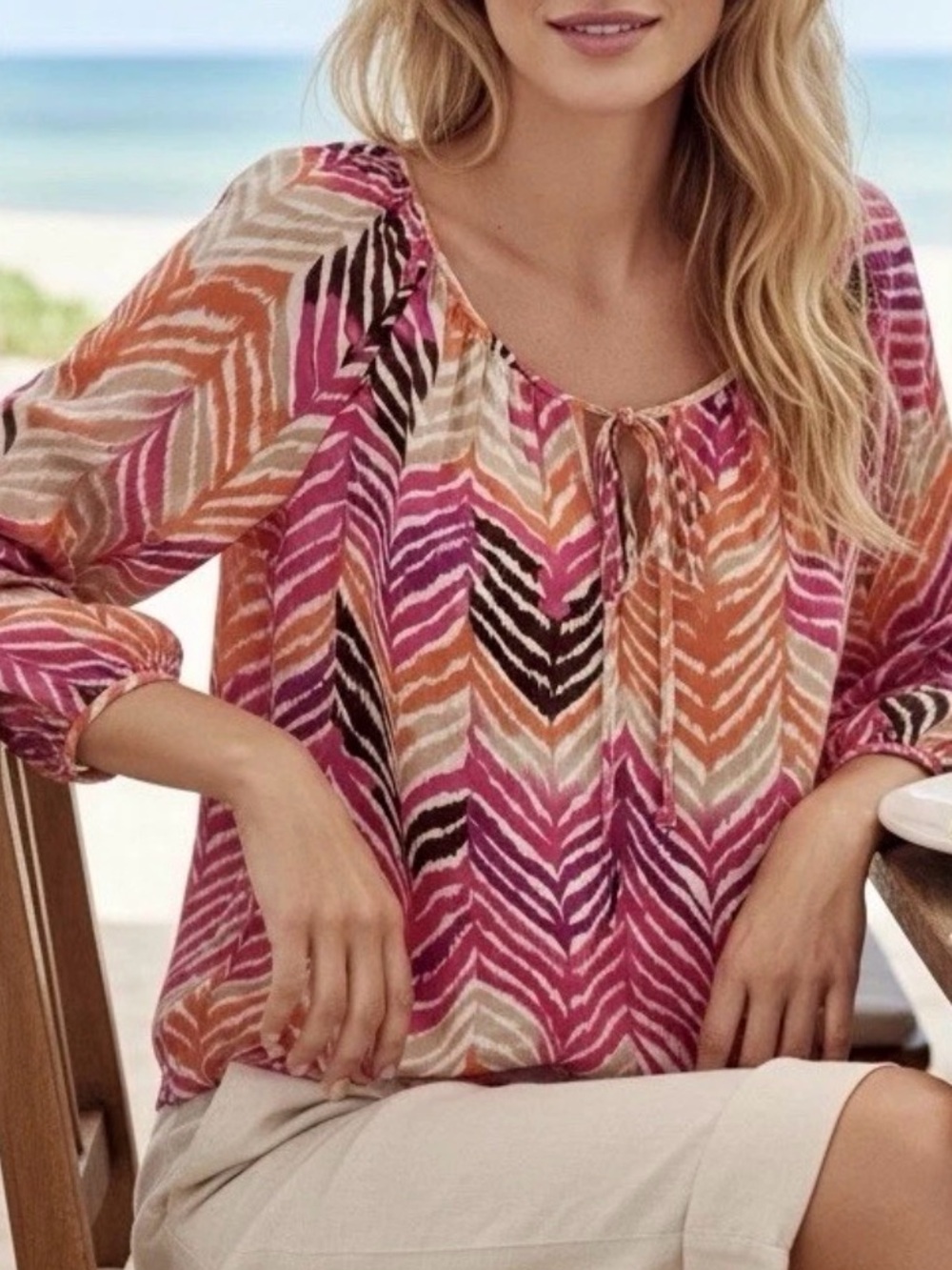 Trina Turk Silk Pink Multicolored Chevron Peasant Blouse